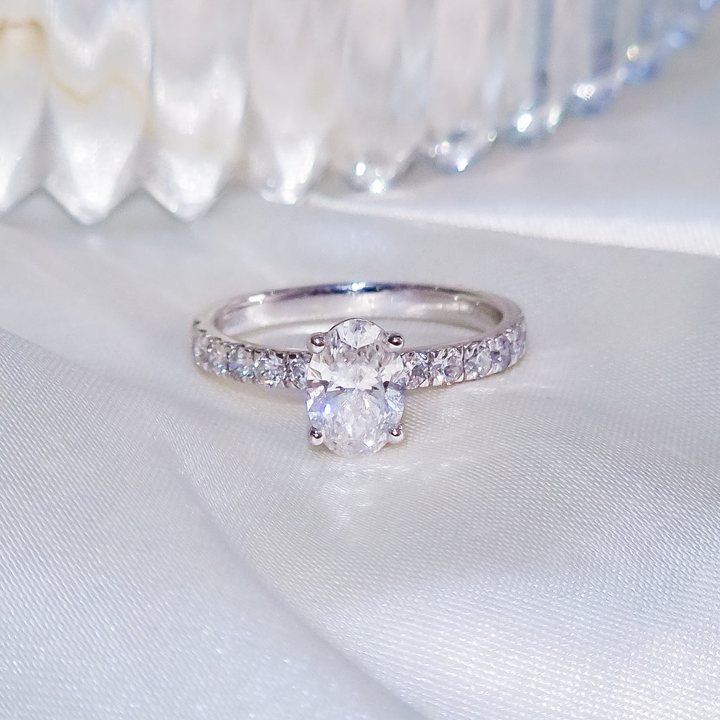 1.49 Carat Oval Cut Diamond Ring with Pavé Band in 14K White Gold