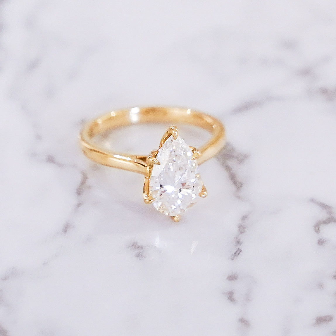 2 Carat Pear Cut Tulip Dome Solitaire Ring in 14K Yellow Gold