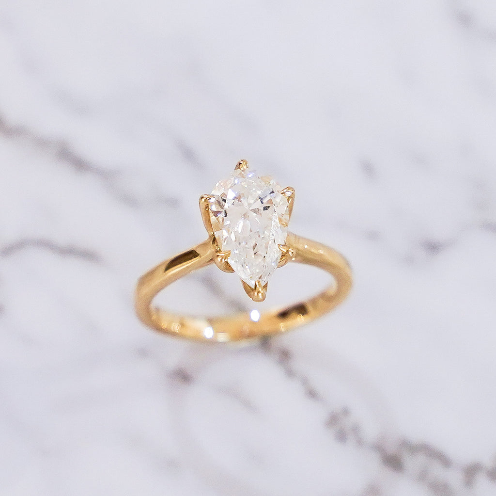 2 Carat Pear Cut Tulip Dome Solitaire Ring in 14K Yellow Gold