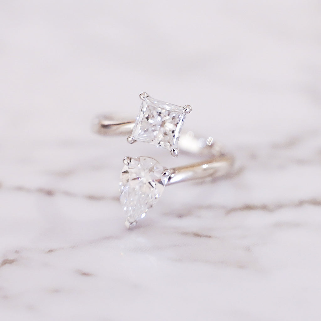2.14 Carat Pear and Princess Cut Toi et Moi Diamond Ring in 14K White Gold