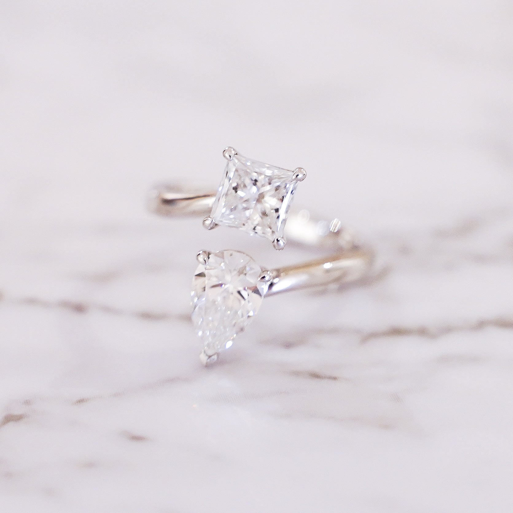 2.14 Carat Pear and Princess Cut Toi et Moi Diamond Ring in 14K White Gold