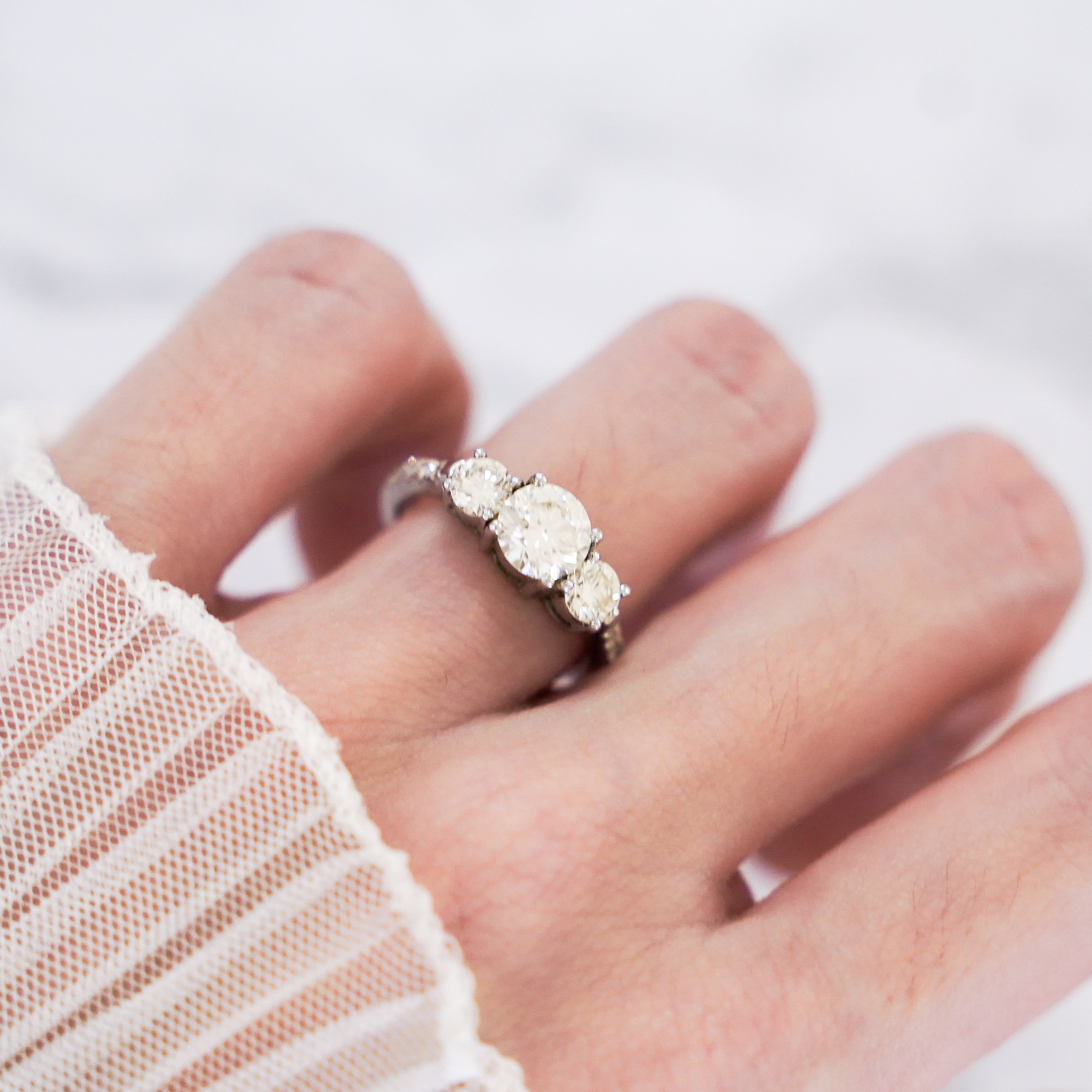 1.73 Carat Trinity Diamond Ring with Pavé Band in 18K White Gold