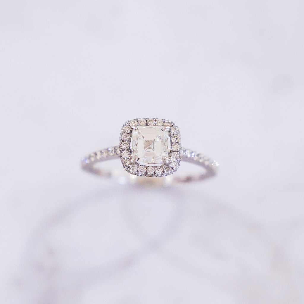 1 Carat Asscher Cut Halo Diamond Ring with Pavé Band in 18K White Gold