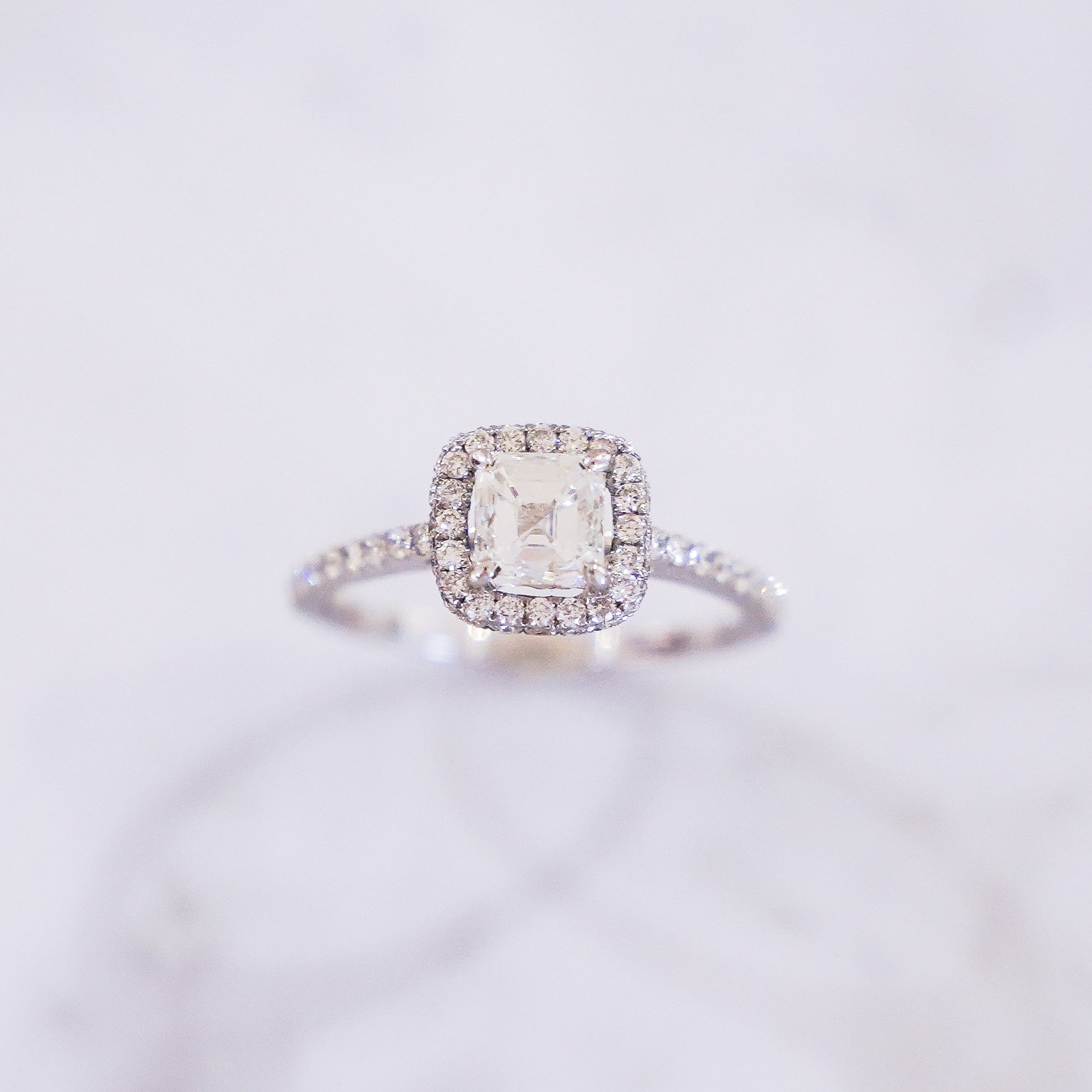 1 Carat Asscher Cut Halo Diamond Ring with Pavé Band in 18K White Gold