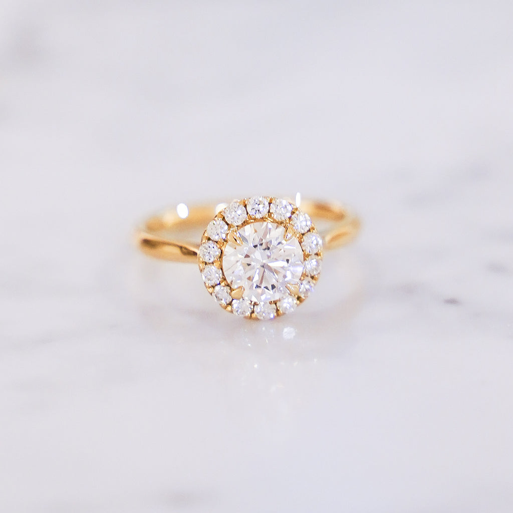 1.36 Carat Round Cut Pavé Halo Diamond Ring in 14K Yellow Gold